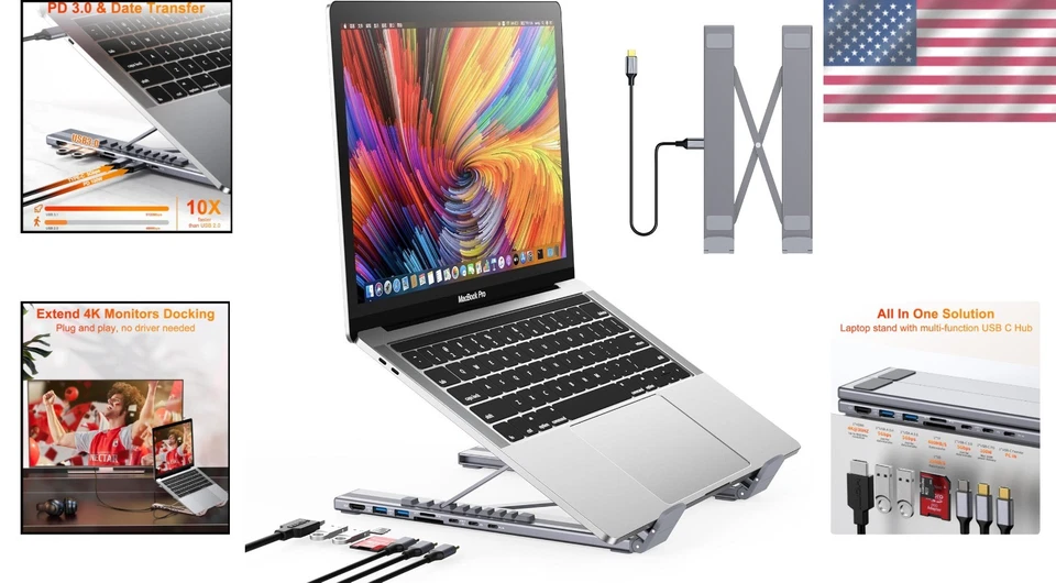 8-in-1 USB C Docking Station with 4K HDMI & Ergonomic Laptop Stand - Grey - Image 2 of 4