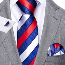 Red Blue Striped Necktie Mens Tie  Hankie  Cufflinks Set Gift Event Wedding