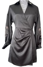 Zara Size S Black Satin Wrap Collar Embroidered Balloon Sleeve Wrist Cuff Dress