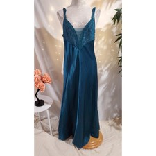 Vtg Victorias Secret Gold Label Satin Lace Maxi Chemise Slip Dress Size M Blue