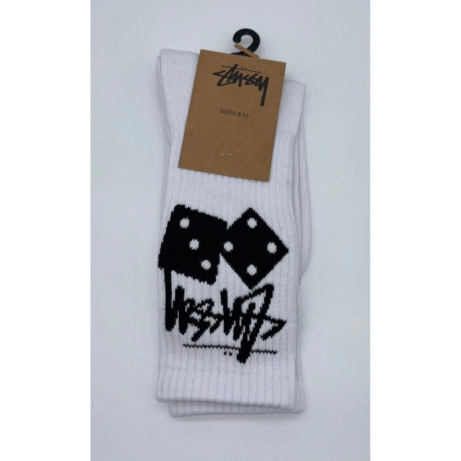 Stussy Stock Crew Socks White Dice Script Logo Mens Sizes 8-13 New 138775