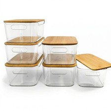 6 Pack Clear Storage Bins with Bamboo Lids - Stackable Pantry Organization an...