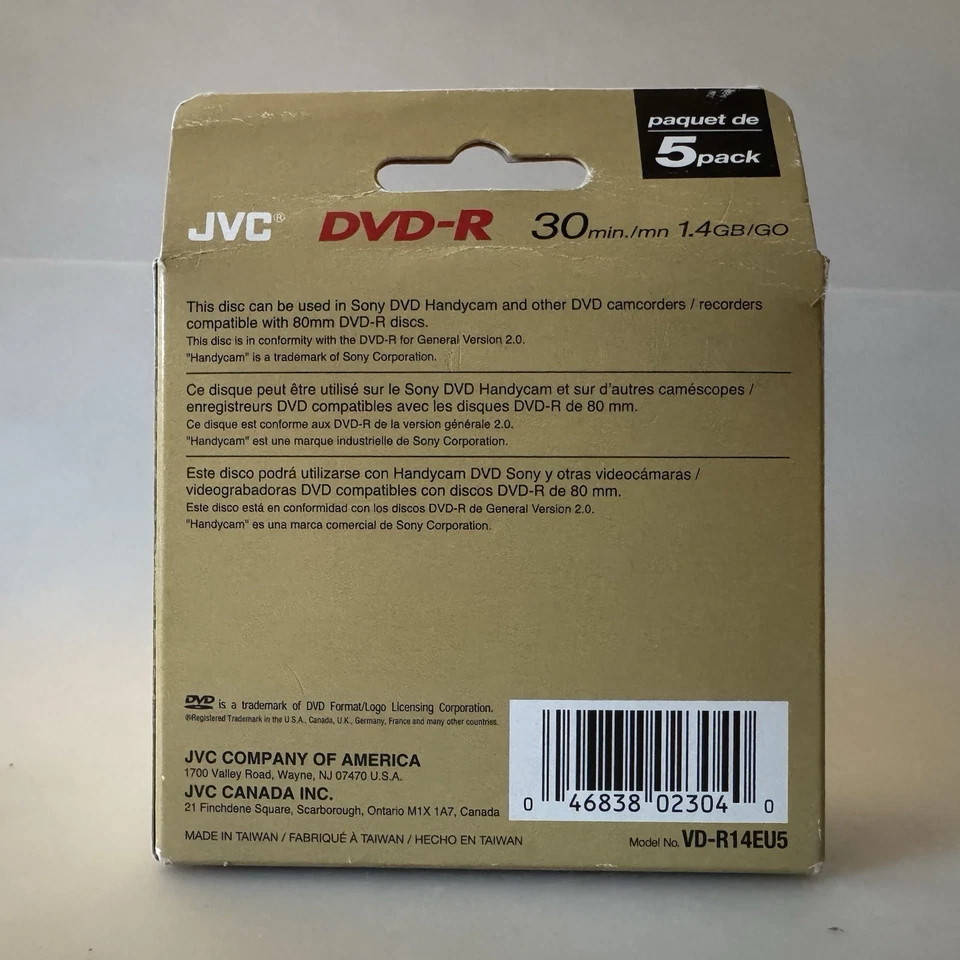 5x Pack JVC Mini DVD-RW 30Min 1.4GB/GO 8cm Recordable f/ Camcorder Disk Disc NEW - Image 2 of 3