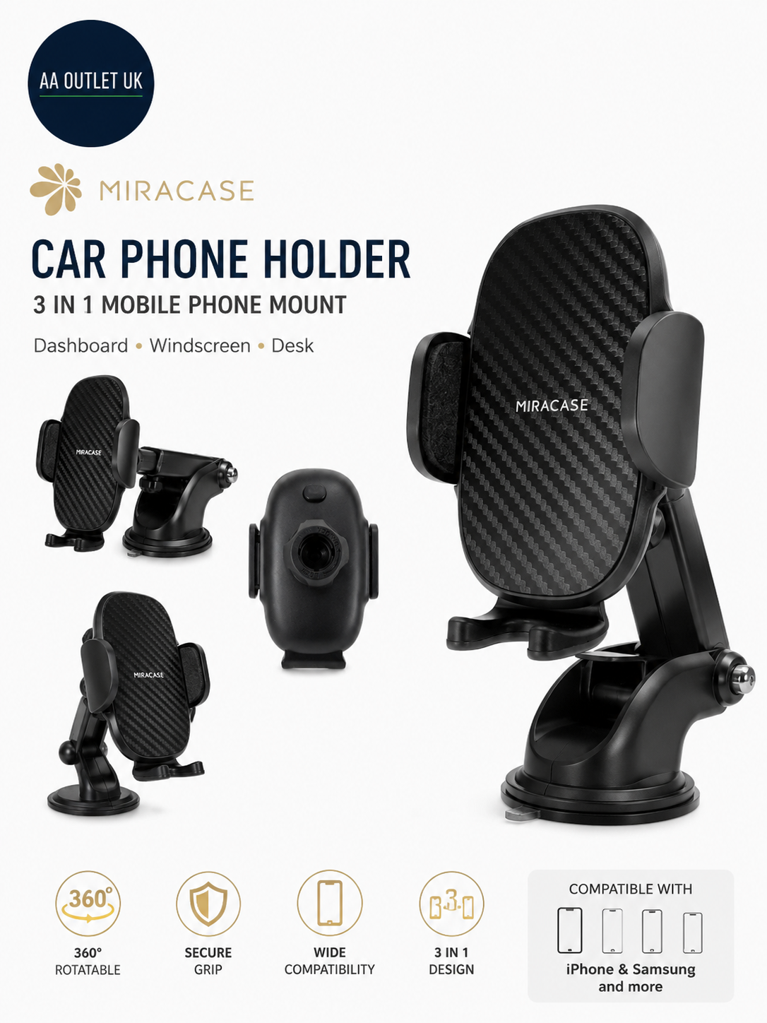 Miracase Car Phone Holder Dashboard Windscreen Desk 3 In 1 Mobile Mount