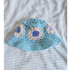 Handmade Crochet Flower Granny Square Bucket Hat Blue - Teen/Adult Small