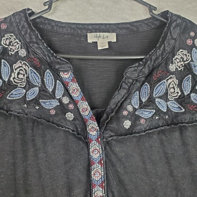 #ad Women#x27;s Boho Top Large Black Acid Wash Embroidered Fairy Grunge Whimsigoth $14.87