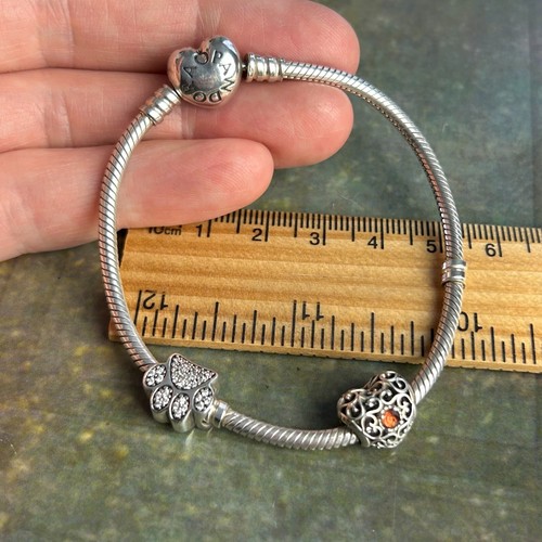 Pandora 925 Sterling Silver Bracelet Bear Paw Heart Charms & Heart Clasp - Picture 16 of 16