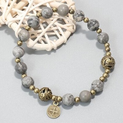 Map Stone Beads Rosary Bracelet  Catholic St. Benedict Medal Wrist Jewelry