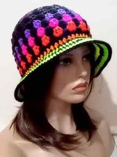 crochet handmade womans bucket brim hat black bright stripes USA new