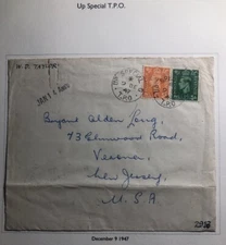 1947 Up Special England Cover Traveling Post Office TPO To Verona NJ USA