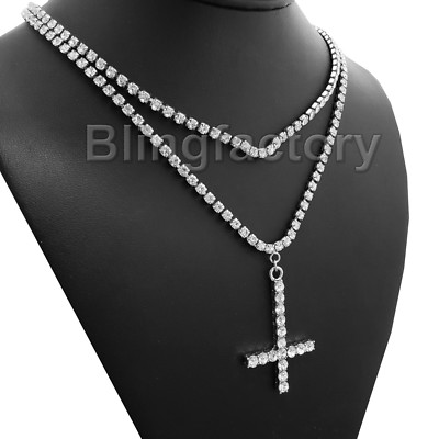 Hip Hop Iced Uzi Cross Pendant Row CZ Tennis Choker Chain Necklace  Jewelry