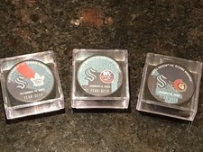 SEATTLE KRAKEN Ultra Rare COVID Canceled Inaugural Souvenir Match Up Pucks (3)