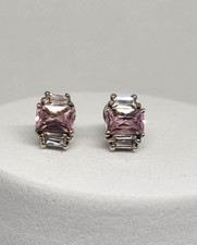 Sterling Silver 925 Pink CZ Stud Earrings, White Crystal Accents, Dainty Studs