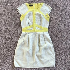 Narciso Rodriguez Linen Fitted Cap Sleeve Dress IT 40 US 4/6 Chartreuse Gray NEW