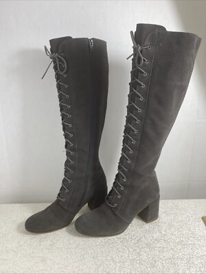 Steve Madden Riding Boots Size 7 Leather Dark Gray Chunky Heel Lace Up Details