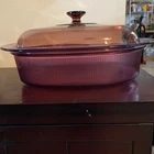 Vintage Corning Ware Cranberry Vision 4 Qt Ribbed Casserole Roaster & Pyrex Lid