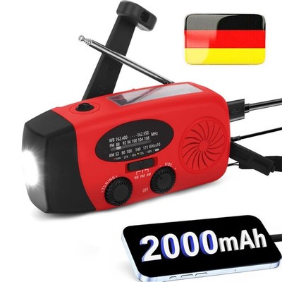 Notfall Kurbelradio AM FM Wetterradio Solar USB 2000mAh Powerbank LED Lampe