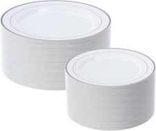 Silver Plastic Plates Set of 60, Disposable Plates with Silver Rim 30 Dinner