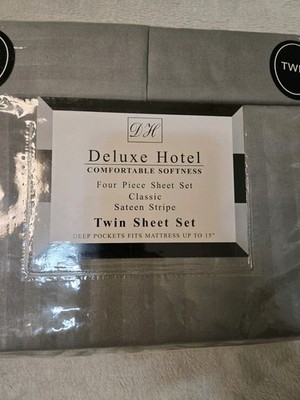 Delux Hotel Classic Sateen Strip Twin Sheet Set Grey New In Box