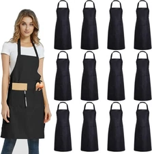 12 Pack Plain Bib Aprons with 2 Pockets - Black Unisex Commercial Apron