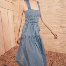 Ulla Johnson Enzo Denim Dress Blue Cotton Tiered Midi Sweetheart Neck Size 4