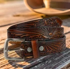 Genuine Leather Western Men Belt Embossed Handmade With Removable Buckle