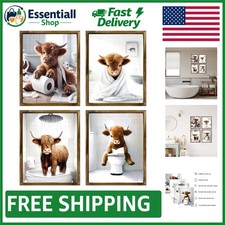 Waterproof Highland Cow Bathroom Art Prints - Humorous Decor 8x10, Set of 4 