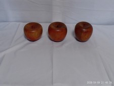 'Pre-Owned' Vtg. Set of 3 Hand Turned Carved Wooden Apples 3.5" Tall w Stem
