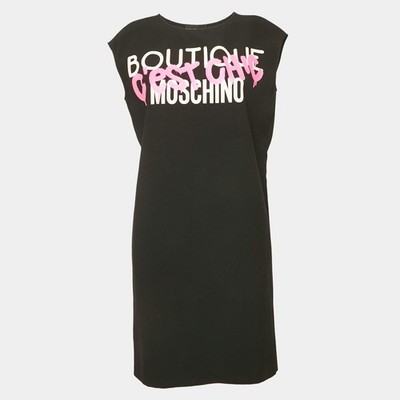Boutique Moschino Black Printed Crepe Shift Dress S