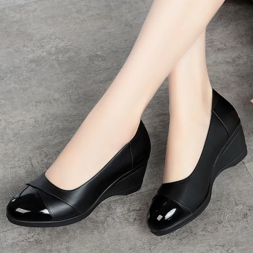 Women's Black Wedge Dress Shoes Low Heel Pumps Office Work Formal Slip on Shoes - Picture 6 of 11