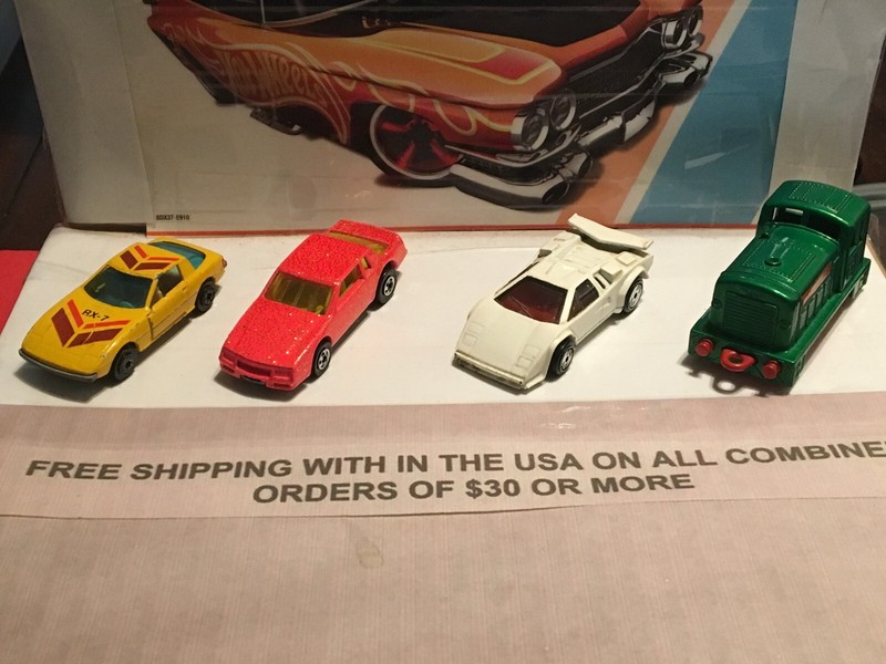 HOT WHEELS VINTAGE LOT OF 4- MAZDA RX-7, MONTI CARLO, LAMBORGHINI, TRAIN VHTF!