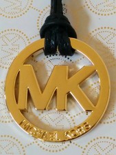 Michael Kors 2" MK Logo Gold Charm Black Saffiano Leather Strap Handbag Fob Tag