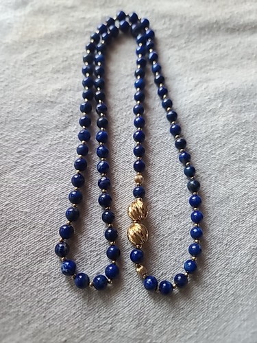 Blue Lapis Stone Necklace 14KT Gold Ribbed Spacer Bead Cones 32 " - Picture 3 of 6