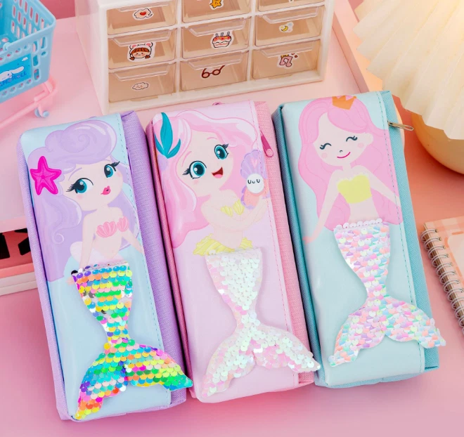 Bolsa para bolígrafos Mermaid 3D caja de almacenamiento de papelería de gran capacidad niñas niños Foto 3 de 4