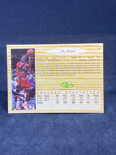 1993-94 CLASSIC ISAIAH J.R. RIDER Rookie Draft Card #4 UNLV. - Picture 2 of 2