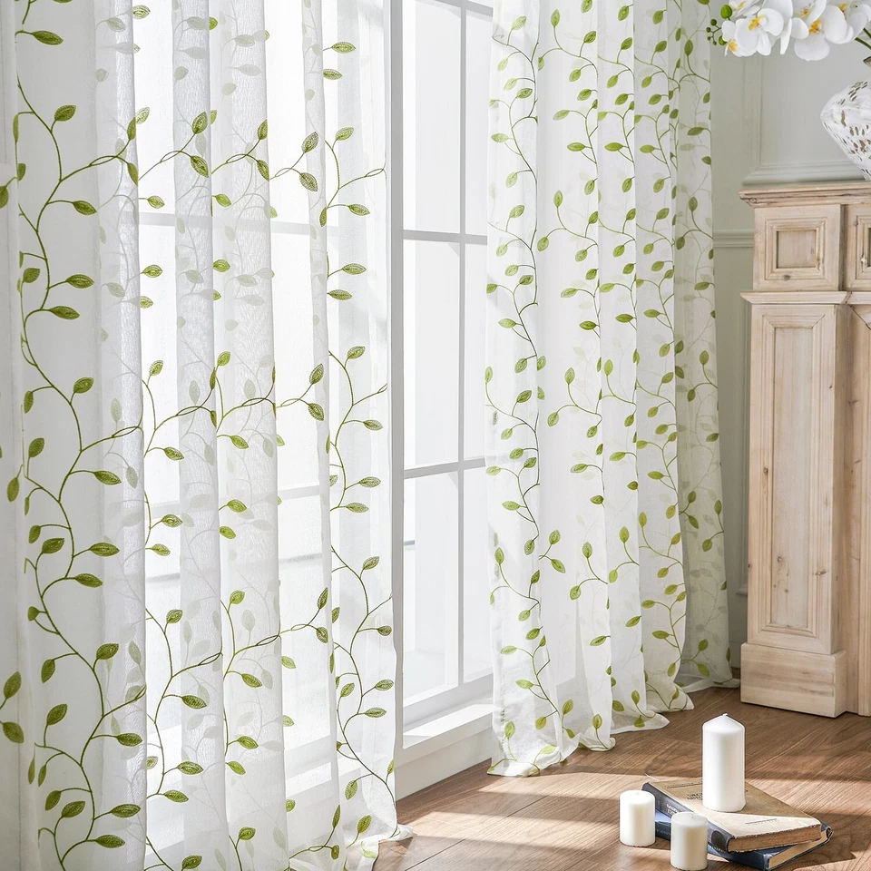 2 Paneles Transparente Bordado Hoja Cortina Voile Tul Ventana Cortina Varilla Bolsillo Foto 2 de 4