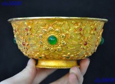 4.8"Ancient Bronze gilt Gem fushou flowers grain bird beast Tea cup Bowl Bowls