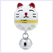 Rhodium Sterling Silver Fortune Cat Jingle Bell Bead for European Charm Bracelet