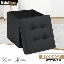 Faux Leather Black Storage Ottoman Classic Cube Seat Home Entryway Décor Benches