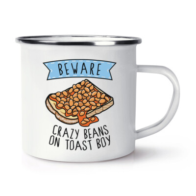 Vorsicht Crazy Beans On Toast Boy Emaille Becher Tasse Witz Sohn Kinder Frühstück Essen