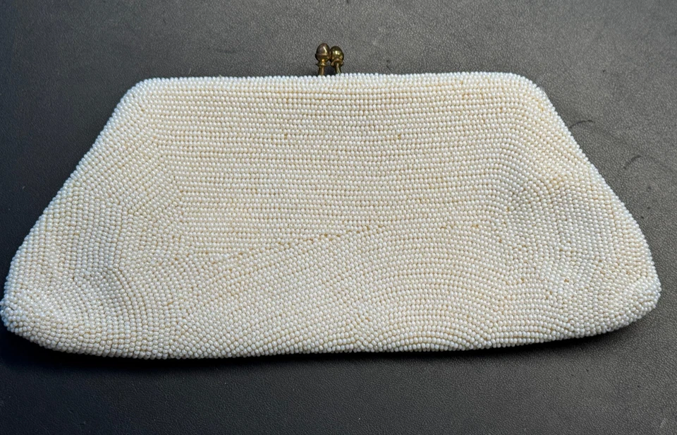 Винтажный Бельгии бисером сумочки цветочный застежки белый розовый зеленый с зеркалом - Изображение 2 из 4