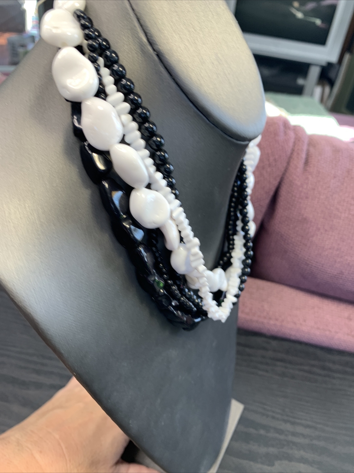 Vintage Lucite Black white  Multi Strand Bib Stat… - image 5