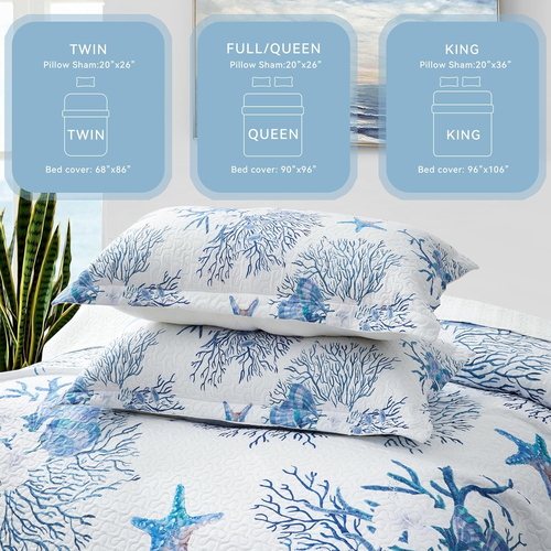 Coastal Bedding Queen Size Coastal Quilt with 2 Shams, Nautical Beach Comforter - Picture 3 of 6