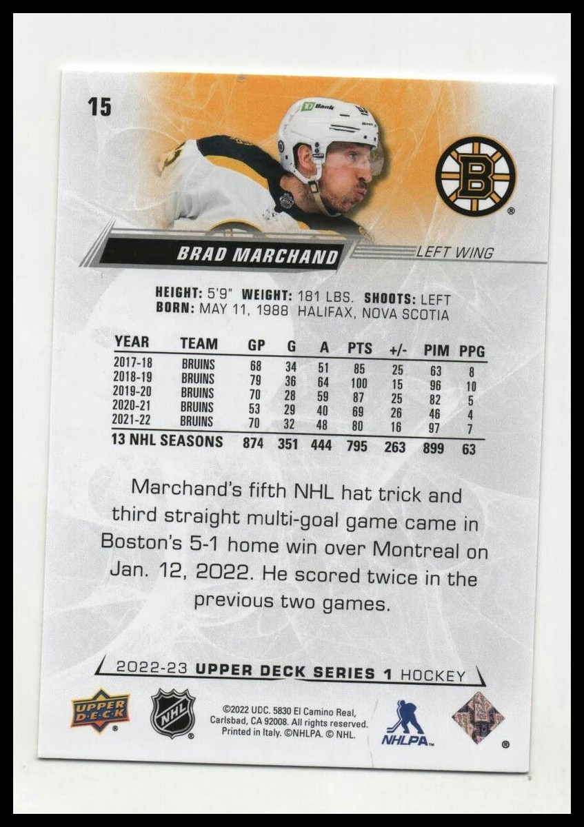 2022-23 Upper Deck NHL Hockey #15 - Brad Marchand - Boston