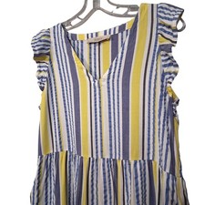 Loft Womens XS Dress White Blue Yellow Stripes Ruffle Sleeve Above Knee Pockets