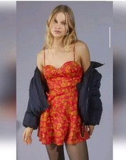 Urban Outfitters Holiday Party Red & Gold Floral Bustier Mini Dress Size Small
