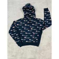 Champion Reverse Weave Women's Hoodie Small S Navy Blue All Over Print Script
