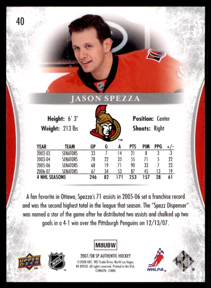 2007-08 SP Authentic Jason Spezza Ottawa Senators #40 - Image 2 of 2