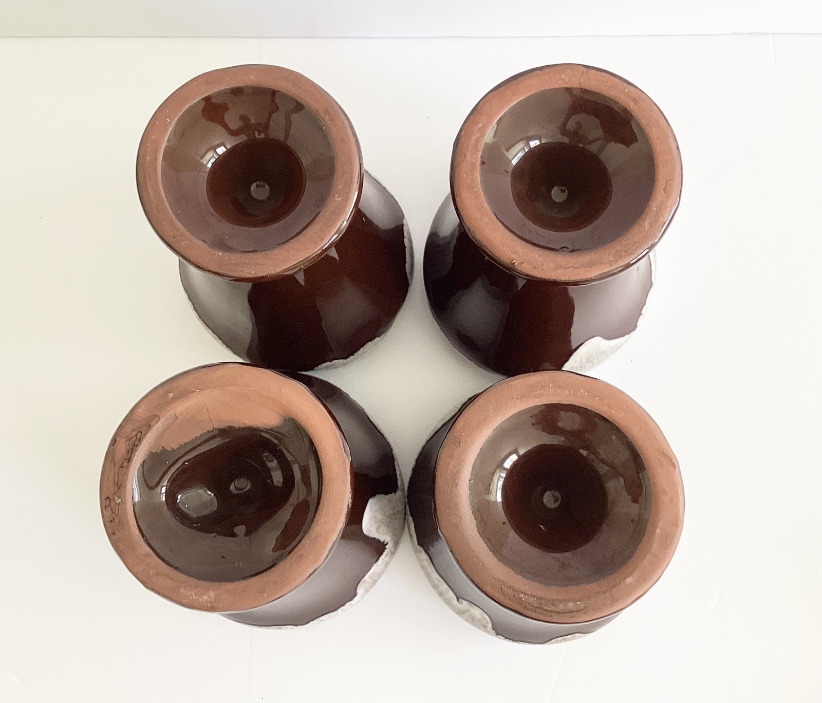 4 Red Clay Brown Glaze Drip Pedestal Ice Cream Sundae Cups & Sauce Bowl