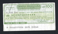 MINI CHECK CATHOLIC BANK OF VENETO 100 LIRE 10/3/1976 RARE